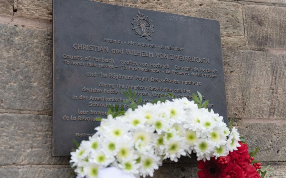 A plaque honoring the Regiment Royal Deux-Ponts and its leaders Col. Christian von Zweibrücken and Lt. Col. Wilhelm von Zweibrücken was unveiled during a ceremony in Zweibrucken, Germany, Saturday, Oct. 29, 2022. 