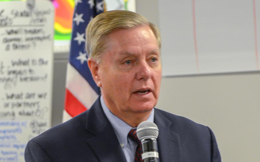 South Carolina Sen. Lindsey Graham speaks to members of the National Response Coordination Center in 2018.