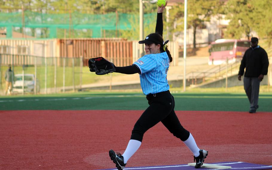 Osan right-hander Hanna Rutland delivers against Humphreys during Wednesday's DODEA-Korea softball game. The Blackhawks won the slugfest 27-19.