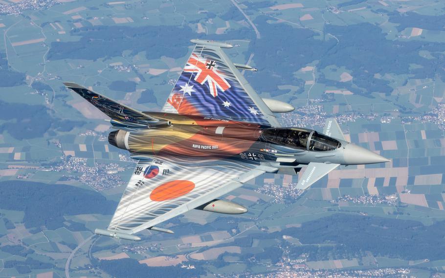 A German air force Eurofighter nicknamed Air Ambassador flies over Germany in an undated file photo. The jet received a custom foil cover for exercise Rapid Pacific 2022, which is the first time the German air force sent its jets to the Indo-Pacific. 