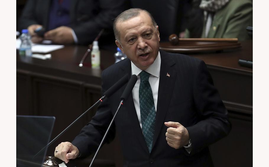 Turkish President Recep Tayyip Erdogan speaks during an event in Ankara on Feb. 10, 2021.