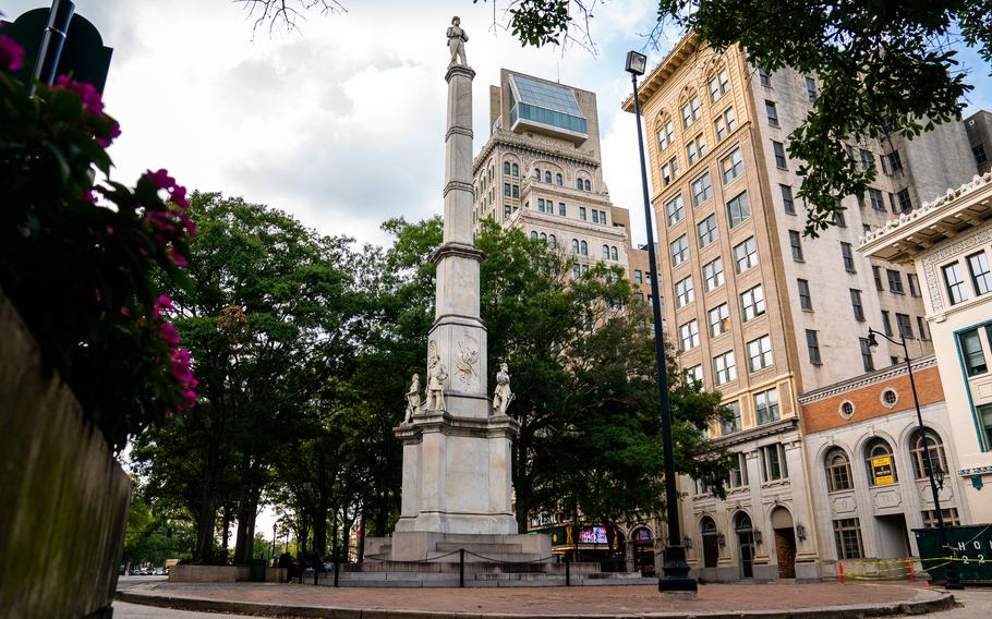 Augusta's Confederate memorial features statues Civil War commanders Thomas R.R. Cobb, Stonewall Jackson, Robert E. Lee and William H.T. Walker. 