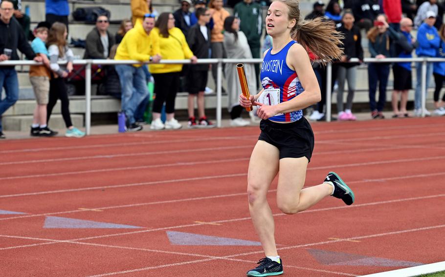 Claire Dalling anchors the Ramstein girls winning 4x800-meter relay team. Dalling and teammates Mya Loringer, Brenna Mack and Julia Harris won the race at the DODEA-Europe track and field championships in Kaiserslautern, Germany, May 20, 2023,  in 10 minutes, 12.60 seconds, ahead of Kaiserslautern and Wiesbaden.
 