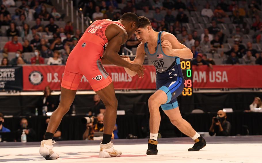 Spc. Alejandro Sancho (in blue) earned his spot on the U.S. Olympic Wrestling Team in the men’s Greco-Roman 67kg weight class at the 2021 U.S. Wrestling Olympic Trials, April 2-3, in Fort Worth, Texas. Sancho defeated fellow World Class Athlete Program teammate Sgt. Ellis Coleman (in the red) in the finals. 