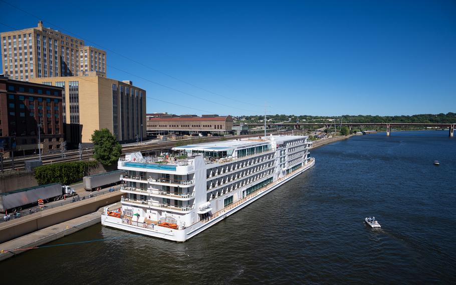 The Viking Mississippi, a new Mississippi River cruise, parks on Sept. 3, in downtown St. Paul, Minn., to pick up passengers for its debut eight-day trip from St. Paul to St. Louis. The 386-passenger ship will return in mid-September for a 15-day cruise to New Orleans. 