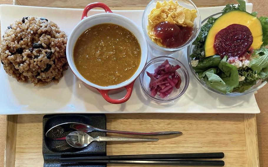 Meals offered at Organic Cafe koto-koto near Yokota Air Base, Japan, include vegan curries with a fermneted rice side dish that takes four days to prepare. 