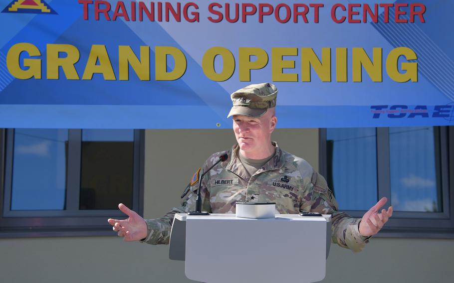Brig. Gen. Joseph E. Hilbert, head of the 7th Army Training Command, speaks during the Training Support Center opening ceremony at the Grafenwoehr Training Area, Germany, March 22, 2023. The center combines all training aids, devices, simulators, classrooms and visual information in one building.