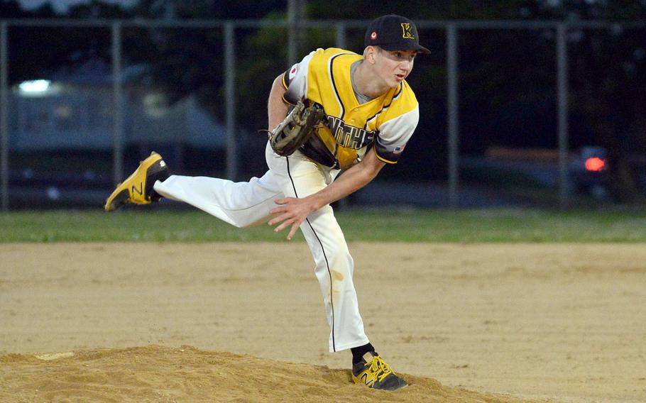 Kadena left-hander Wyatt Boerigter delivers against Kubasaki during Monday's DODEA-Okinawa baseball game. Boerigter got the win with three innings of relief as the Panthers won 7-6 in eight innings.