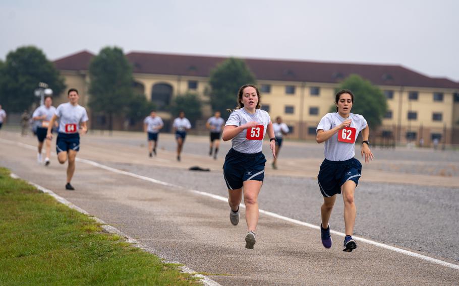 Students at Air Force Officer Training School take a physical fitness assessment at Maxwell Air Force Base in Montgomery, Ala., on July 1, 2022.