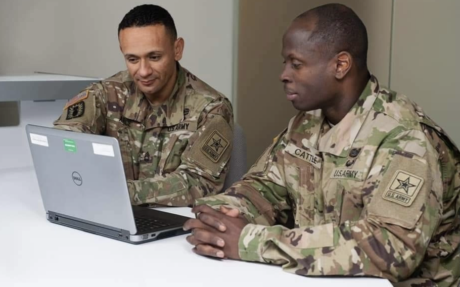 A soldier at Fort Knox, Ky., receives guidance in 2020 on moving from military to civilian life as part of the transition assistance program. Known as TAP, the program aims to prepare separating military service members for the move, providing information on disability benefits, education assistance and health care, among other resources. A bill under review in Congress would allow veterans service organizations to attend TAP classes and work one-on-one with military members.