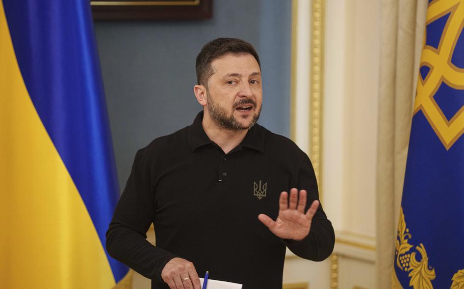 Ukrainian President Volodymyr Zelenskyy speaks during a press conference.