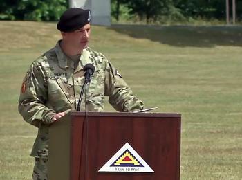 Brig. Gen. Steven Carpenter speaks after he took command of the 7th Army Training Command from Brig. Gen. Joseph Hilbert during a ceremony at Grafenwoehr, Germany, June 20, 2023. 