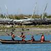 FILE - Indians of the Wiyot Tribe paddle a dugout redwood canoe from Indian Island, background, across Humboldt Bay Friday, June 25, 2004, in Eureka, Calif. The remains of 20 Native Americans massacred in the 1860s on the Northern California island have been returned to their tribe from a museum where they had been in storage. The tribe's historic preservation officer says the remains will be reunited with their families.  (AP Photo/Ben Margot,File)