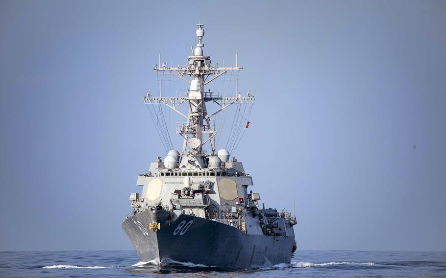 The destroyer USS Roosevelt, which is homeported in Rota, Spain, in the 6th Fleet area of operations, sails the Mediterranean Sea, Oct. 12, 2023. U.S. Naval Forces Europe and Africa and 6th Fleet are separating commands, in a move Navy officials say will better position the service for daily operations and future crises.