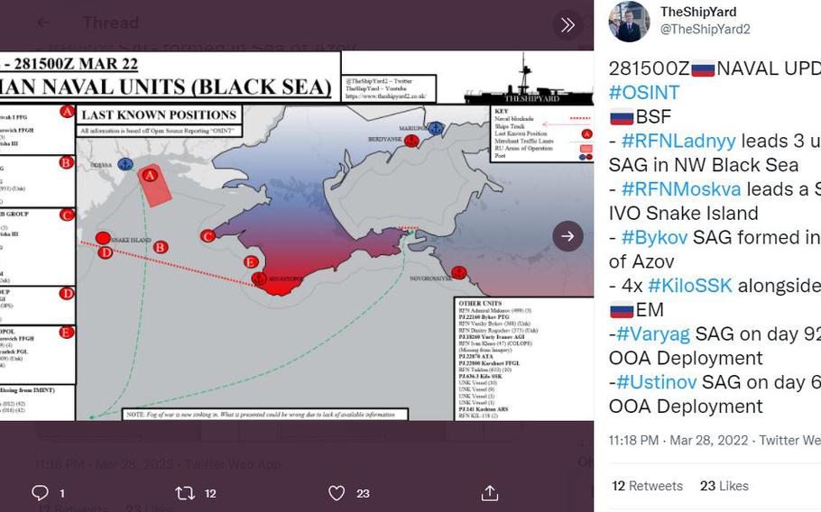 A map showing Russian naval units in the Black Sea on March 22, 2022. The use of open source intelligence on Twitter and other social media platforms is resulting in real-time reporting on the war in Ukraine that sometimes challenges official narratives.