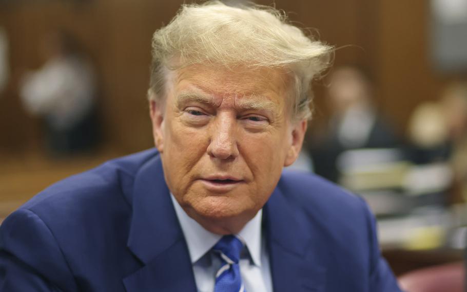 Former President Donald Trump awaits the start of proceedings on the second day of jury selection at Manhattan criminal court, Tuesday, April 16, 2024, in New York.  Trump returned to the courtroom Tuesday as a judge works to find a panel of jurors who will decide whether the former president is guilty of criminal charges alleging he falsified business records to cover up a sex scandal during the 2016 campaign.