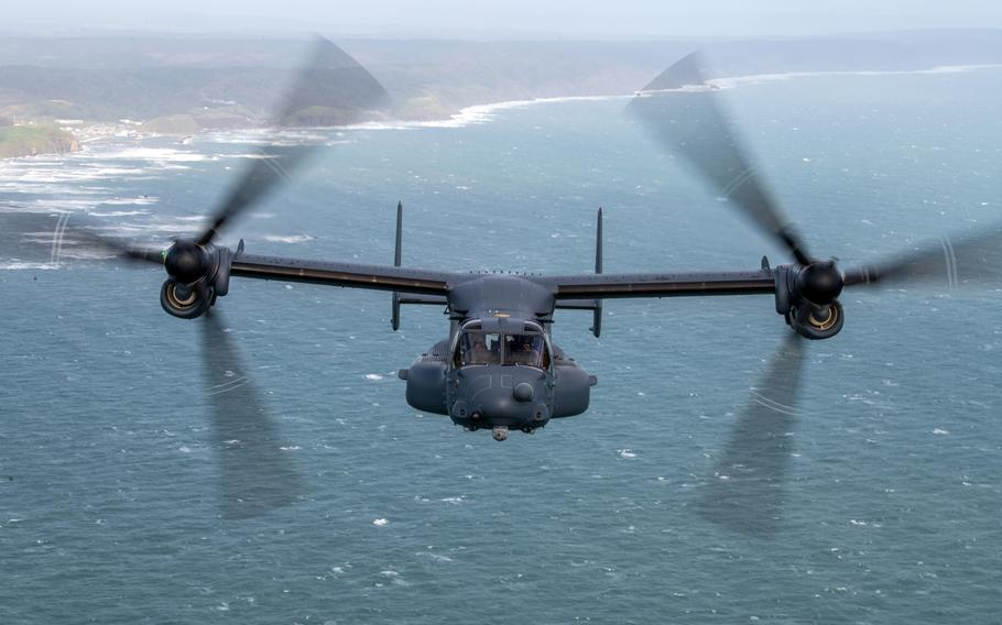 A CV-22 Osprey from the Air Force's 21st Special Operations Squadron flies over Hokkaido, Japan, on Oct. 11, 2022. The Air Force, Navy and Marine Corps have grounded an undisclosed number of Ospreys until a part related to the engine can be replaced.
