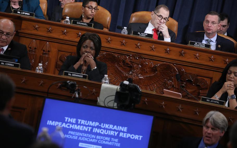 Chairman Rep. Jerrold Nadler (D-NY) and ranking member Rep. Doug Collins (R-GA) listen during testimony by a lawyer for the House Intelligence Committee, Daniel Goldman representing the majority Democrats, before the House Judiciary Committee in the Longworth House Office Building on Capitol Hill Dec. 9, 2019, in Washington, D.C.