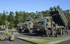 Type-88 surface-to-ship short range missiles are deployed as part of a Japan-U.S. joint military excercise on Tokunoshima island, Kagoshima prefecture, southern Japan on Oct. 28, 2024. (Koji Harada/Kyodo News via AP)