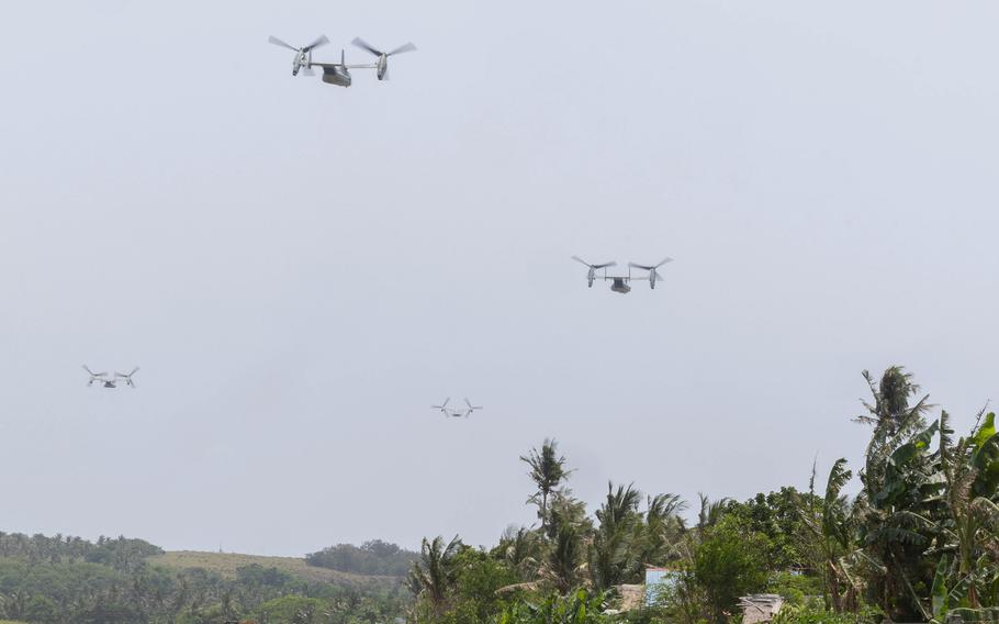 Marine Corps MV-22 Ospreys fly over Calayan Island, Philippines, during a Balikatan drill on April 23, 2023.