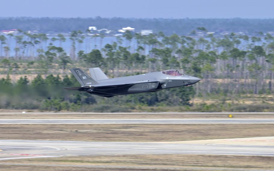 An F-35A Lightning II aircraft with the Wisconsin Air National Guard’s 115th Fighter Wing takes off during a Weapons System Evaluation Program exercise Feb. 15, 2024, at Tyndall Air Force Base, Fla. 
