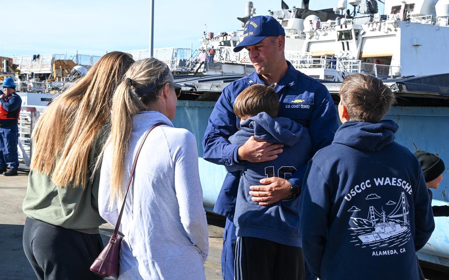 Family and friends celebrate as the U.S. Coast Guard Cutter Waesche (WMSL 751) crew returns to homeport in Alameda, Calif., Dec. 9, 2023. 