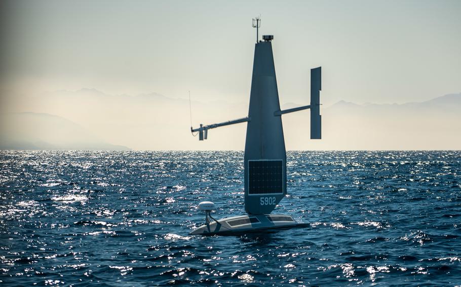 A Saildrone Explorer unmanned surface vessel sails in the Gulf of Aqaba during International Maritime Exercise/Cutlass Express 2022 on Feb. 9, 2022. The U.S. Navy’s Mideast-based 5th Fleet said Tuesday, Aug. 30, 3033, that Iran’s paramilitary Revolutionary Guard seized and later let go of a U.S. sea drone in the Persian Gulf.