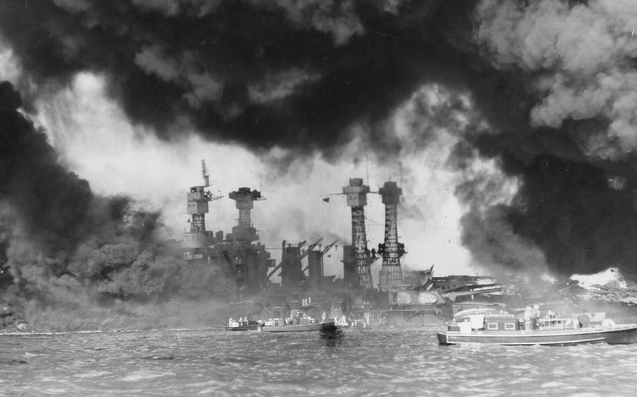 The Battleship USS West Virginia was among the ships that burned during the Japanese attack on Pearl Harbor in Hawaii on Dec. 7, 1941.