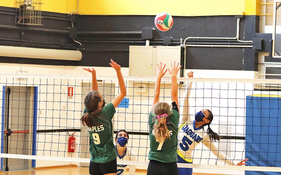 Sigonella's Maykayla Angela Abad attempts to score on McKenzie Smith and Mallory Smith at the DODEA-Europe Division II tournament in Vicenza, Italy, where Naples took third place.