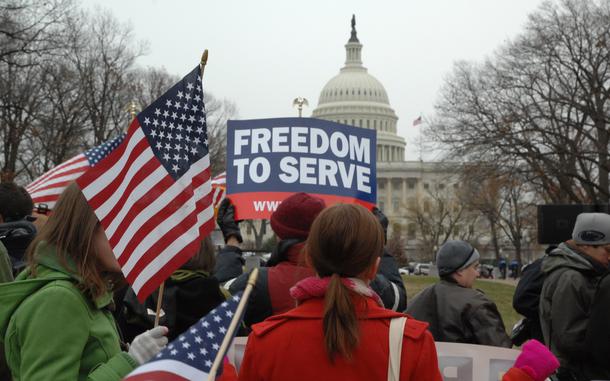 Washington, D.C., Dec. 10, 2010: Advocates of the repeal of the military's ''don't ask, don't tell'' policy gather outside the U.S. Capitol in protest, a day after the repeal effort died in the Senate.

The policy was finally repealed Sep. 20, 2011 and replaced with a new policy specifically prohibiting discrimination against any servicemember because of their sexual orientation. Then Joint Chiefs Chairman Adm. Mike Mullen said the day of the repeal that the so-called DADT law was "against everything we stood for as an organization, forcing people to lie to wear a uniform. We're better than that."

Read about the end of the DADT era here