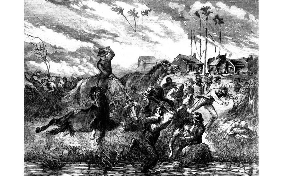 An illustration showing people seeking refuge in the Peshtigo River from the 1871 Peshtigo Fire.