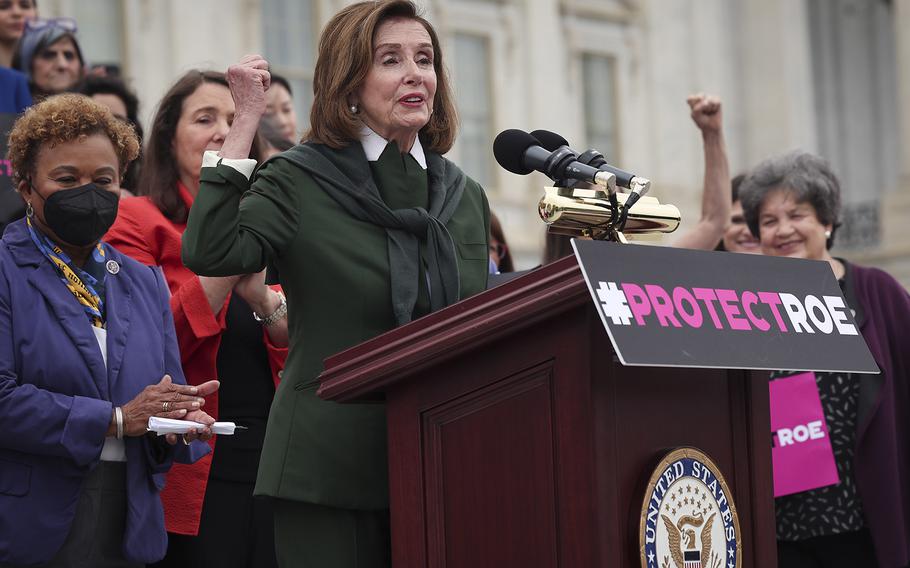 U.S. Speaker of the House Nancy Pelosi speaks in front of the steps to the House of Representatives with congressional members to speak on the Roe v. Wade issue May 13, 2022, in Washington, DC. 