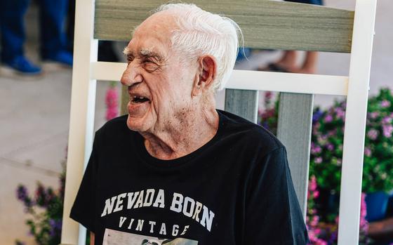 Robert &#x201c;Bob&#x201d; Lee Trent, who is turning 100 on Monday, laughs at his birthday party at his home Sunday, July 27, 2025, in Las Vegas. (Madeline Carter/Las Vegas Review-Journal) @madelinepcarter