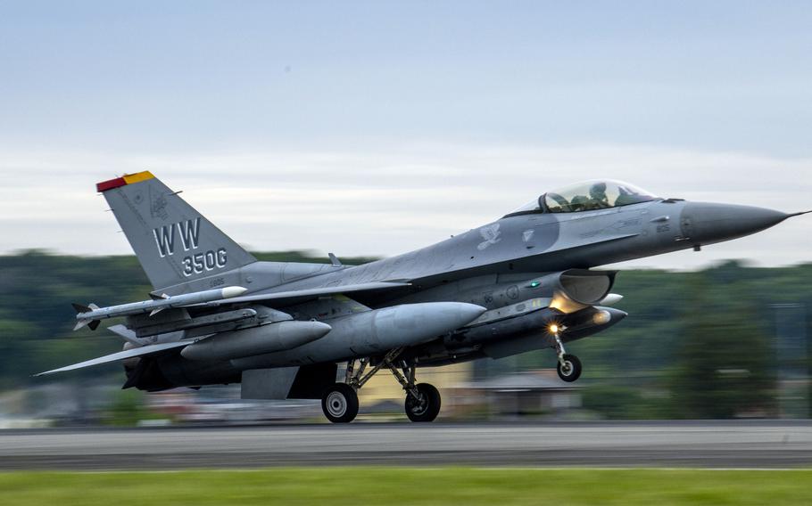 An F-16 Flighting Falcon from Misawa Air Base, Japan, lands at Yokota Air Base in western Tokyo, May 8, 2022.