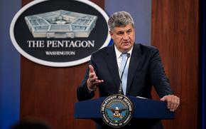 Under Secretary of Defense for Acquisition and Sustainment Bill LaPlante and Deputy Under Secretary of Defense for Policy Sasha Baker hold a press briefing in the Pentagon Press Briefing Room at the Pentagon, Washington, D.C., Sept. 9, 2022. (DoD photo by U.S. Navy Petty Officer 2nd Class Alexander Kubitza)