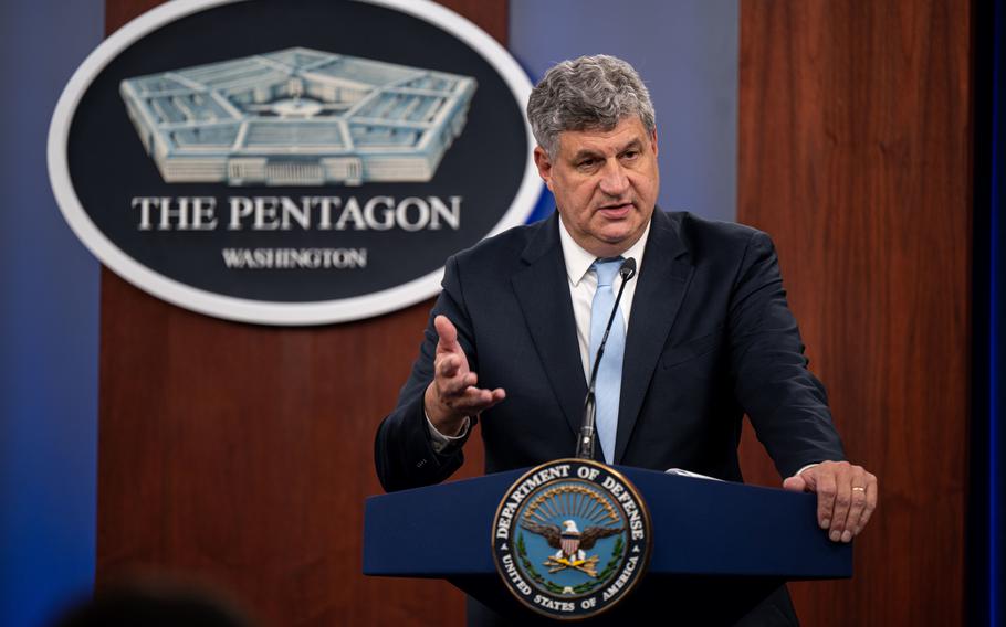 Undersecretary of Defense for Acquisition and Sustainment Bill LaPlante holds a news briefing in September 2022 at the Pentagon.