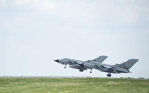 Two German air force Tornados take off for a demonstration flight at Buechel Air Base, Germany, May 7, 2022. About 20 U.S. nuclear warheads are believed to be stored at Buechel, a German air force base near the city of Cochem, about 43 miles from Spangdahlem Air Base. 