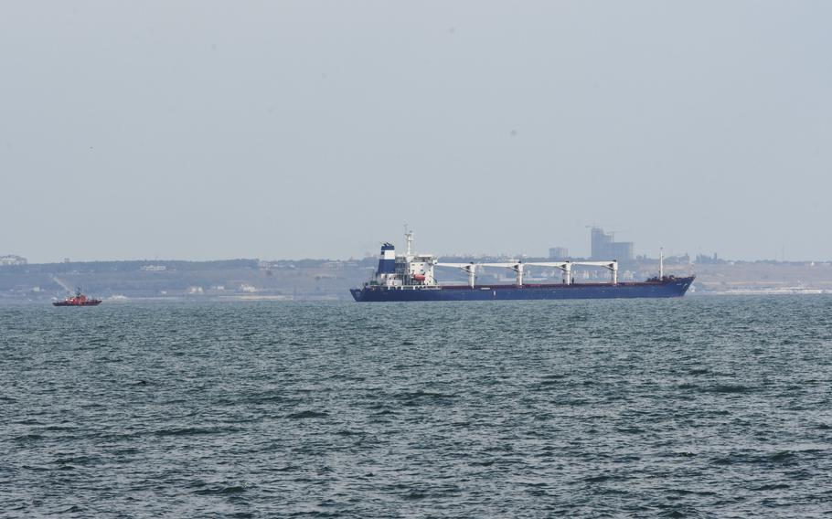 The bulk carrier Razoni starts its way from the port in Odesa, Ukraine, Monday, Aug. 1, 2022. According to Ukraine's Ministry of Infrastructure, the ship under Sierra Leone's flag is carrying 26 thousand tons of Ukrainian corn to Lebanon. 