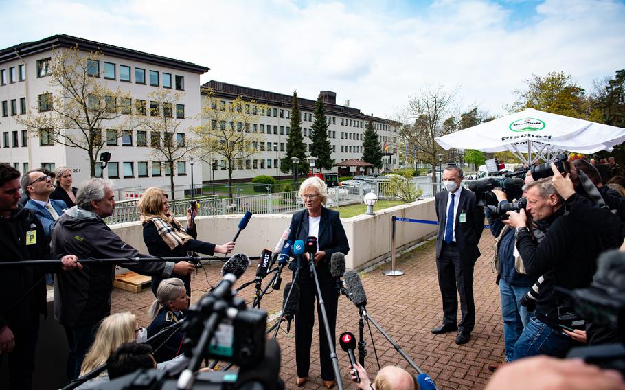 Christine Lambrecht, the German defense minister, speaks to reporters on the sidelines of meeting among more than 40 nations at Ramstein Air Base, Germany, April 26, 2022. Lambrecht said her government plans to speed up aid to Ukraine, which will include the delivery of Gepard anti-aircraft systems. Lambrecht said the Gepards meet a priority request by Ukrainian forces.