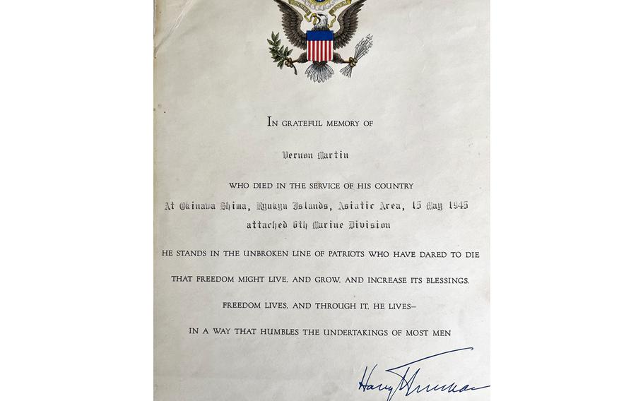 A condolence letter signed by President Harry Truman.
