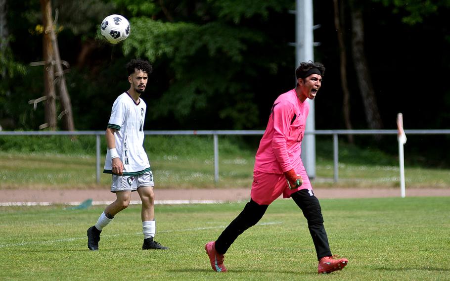 Alconbury goalkeeper Manuel Minjarez celebrates after the final whistle of the Dragons' 2-1 victory over AFNORTH in the Division III semifinals at the 2025 DODEA European championships on May 21, 2025, at Rothenborn Stadion in Landstuhl, Germany.