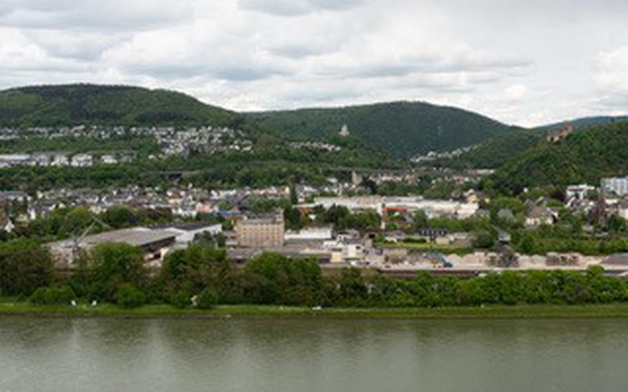 The town of Lahnstein sits on the right bank of the Rhine River across from Schloss Stolzenfels. It flanks the 13th-century fortress Burg Lahneck, which can be seen here on the far right on May 6, 2023.
