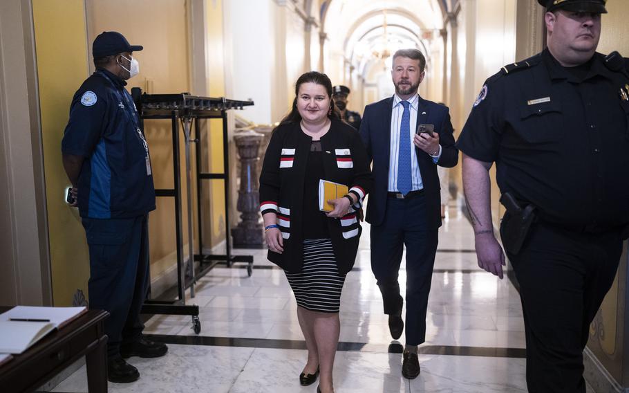 Oksana Markarova arrives to speak at an event unveiling a photography exhibit about the war in Ukraine on Capitol Hill on April 28, 2022. 