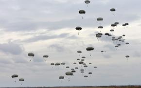 Dozens of military paratroopers descending with deployed parachutes against a cloudy gray sky.
