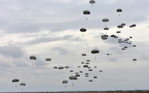 Dozens of military paratroopers descending with deployed parachutes against a cloudy gray sky.