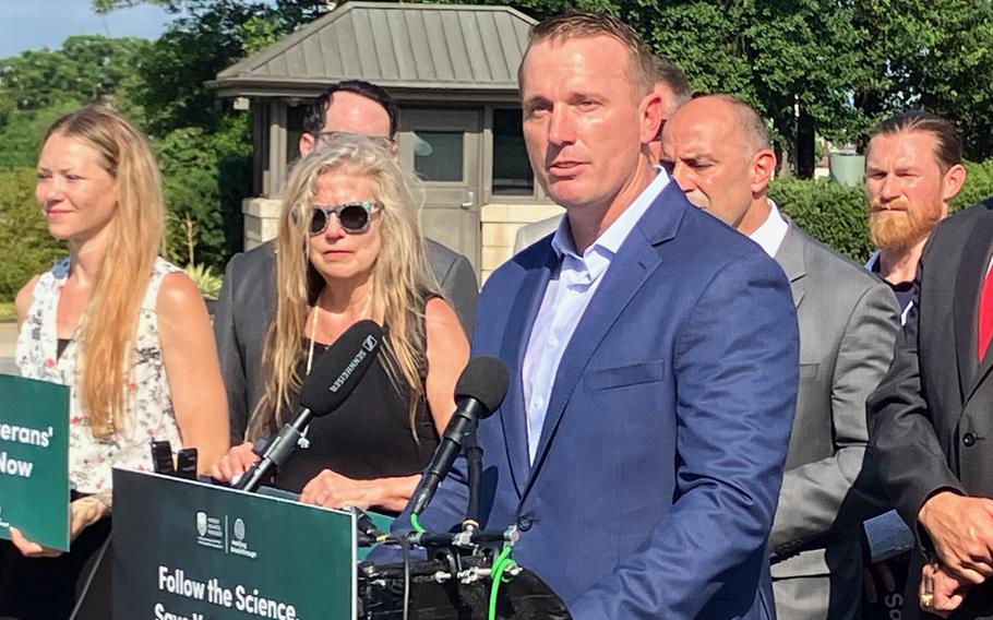 Dakota Meyer, Marine Corps veteran and Medal of Honor recipient, speaks at a news conference in Washington on July 10, 2024.