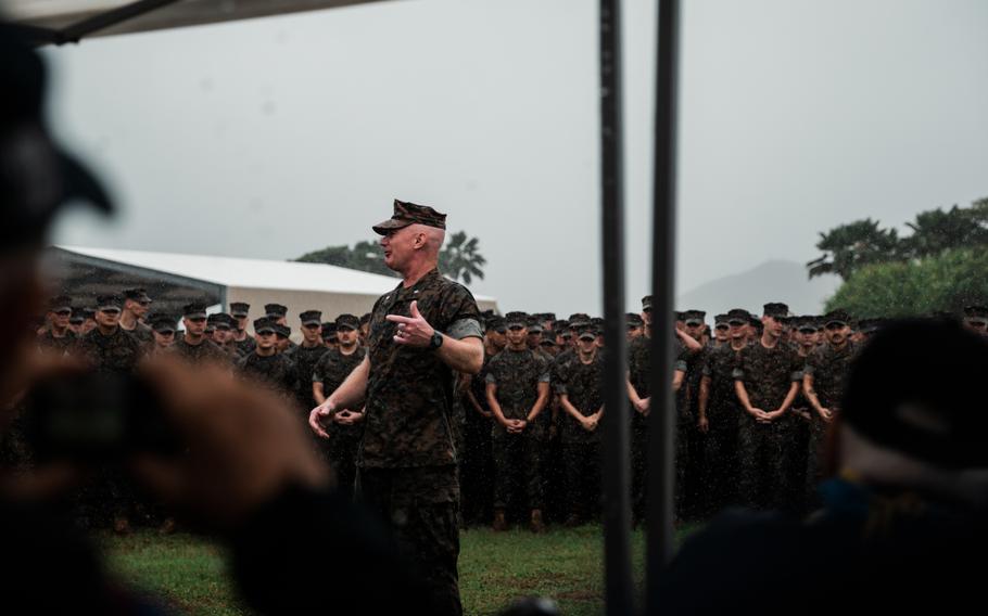 U.S. Marine Corps Lt. Col. Benjamin Wagner, the then-battalion commander for 3d Battalion, 3d Marines, speaks to World War II veterans at the Iwo Jima Memorial on Marine Corps Base Hawaii, Dec. 6, 2021. Wagner was relieved from command of 3rd Battalion, 3rd Marine Regiment in Hawaii on March 31, 2022, due to loss of trust in his leadership ability.