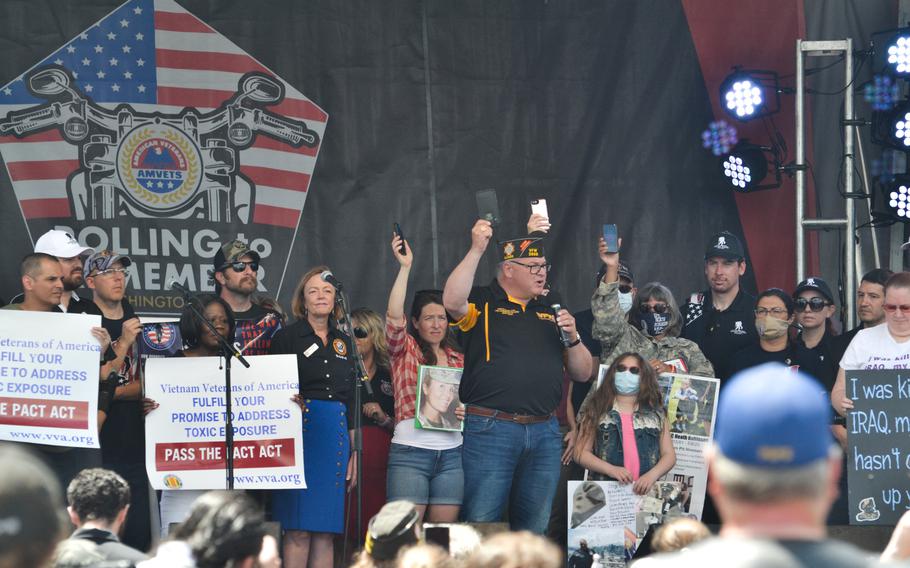 Matthew “Fritz” Mihelcic, commander in chief of the Veterans of Foreign Wars, spoke Saturday, May 28, 2022, at a rally in Washington, D.C., urging lawmakers to pass a bill, known as the PACT Act, that would expand eligibility for health care and benefits to all veterans exposed to burn pits and other toxins. Mihelcic urged the crowd to contact members of Congress about passing the bill.