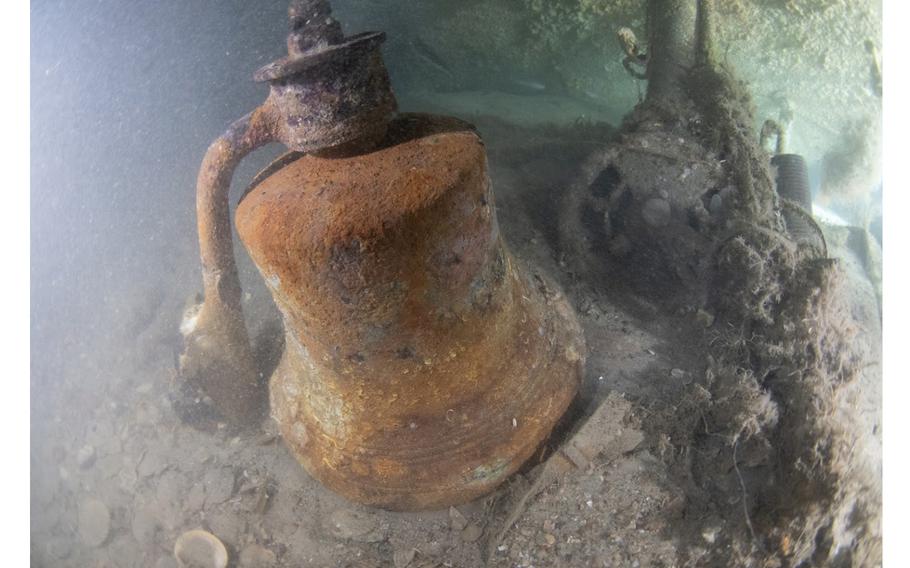 The bell of the USS Jacob Jones, an American destroyer sunk during World War I. The shipwreck was discovered by a British dive team in 2022. 