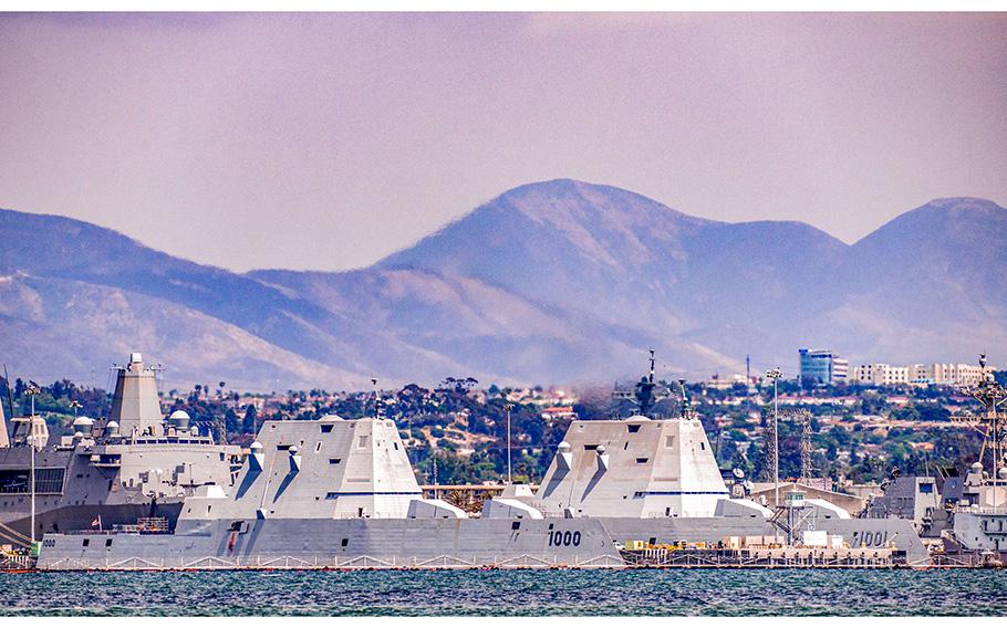The Zumwalt-class guided-missile destroyers USS Zumwalt (DDG 1000) and USS Michael Monsoor (DDG 1001), are moored side by side at Naval Station San Diego on June 8, 2023. According to reports on August 25, the Zumwalt was getting technology upgrades at a port in Mississippi.